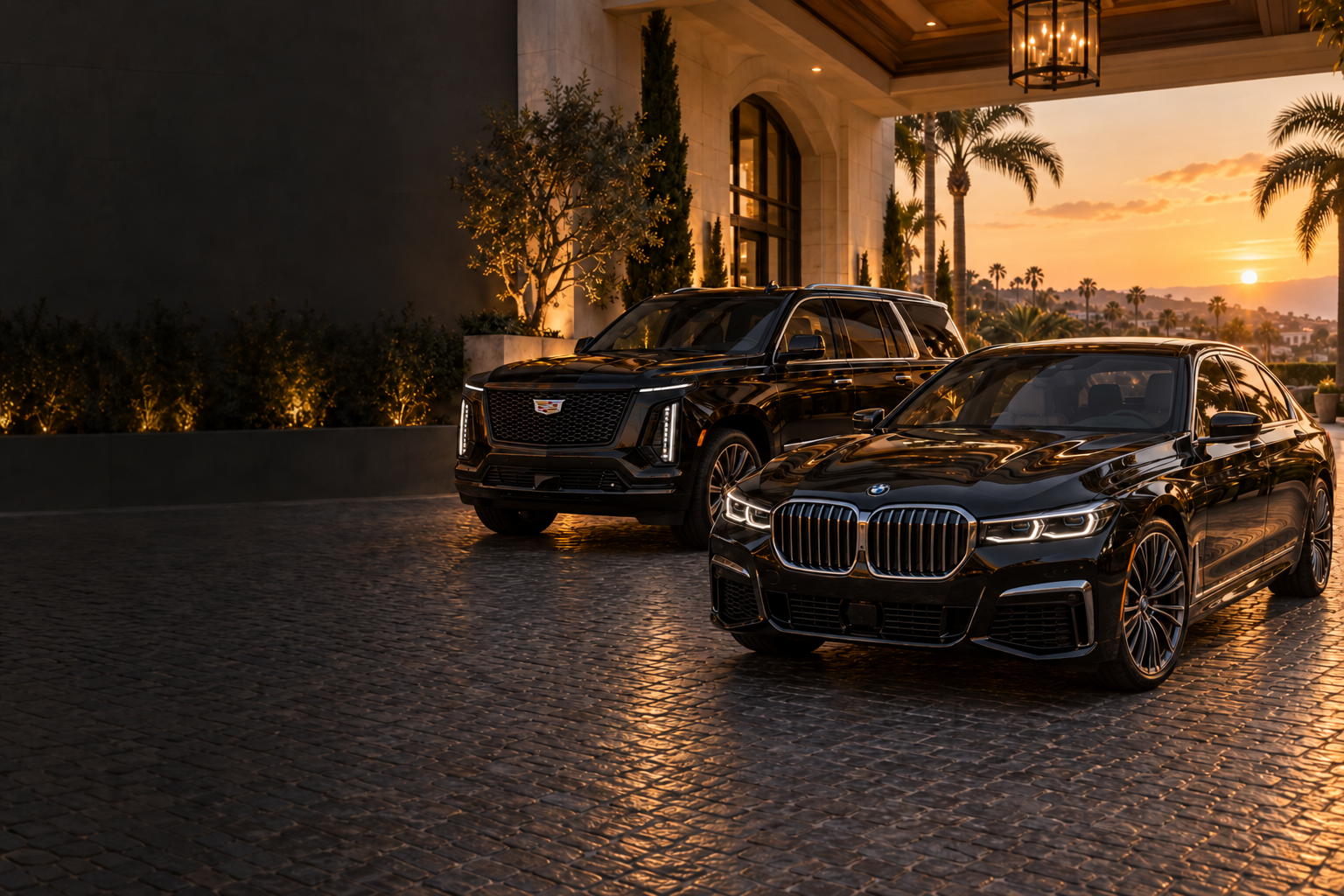 Black BMW 7 Series and Cadillac Escalade on a luxury hotel cobblestone drive